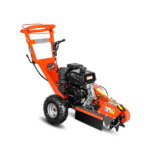 Professional stump crusher, hand-pushed gasoline-powered with 15 horsepower. Stump grinding and crushing machine, direct from manufacturer.