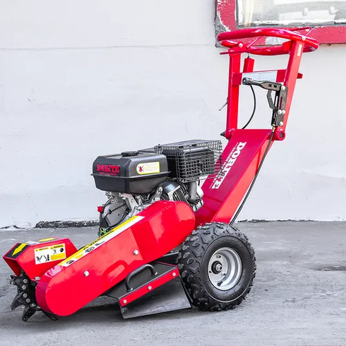 Professional stump crusher, hand-pushed gasoline-powered with 15 horsepower. Stump grinding and crushing machine, direct from manufacturer.