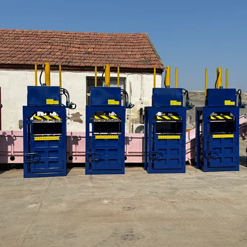 Vertical hydraulic balers available in various models and colors.