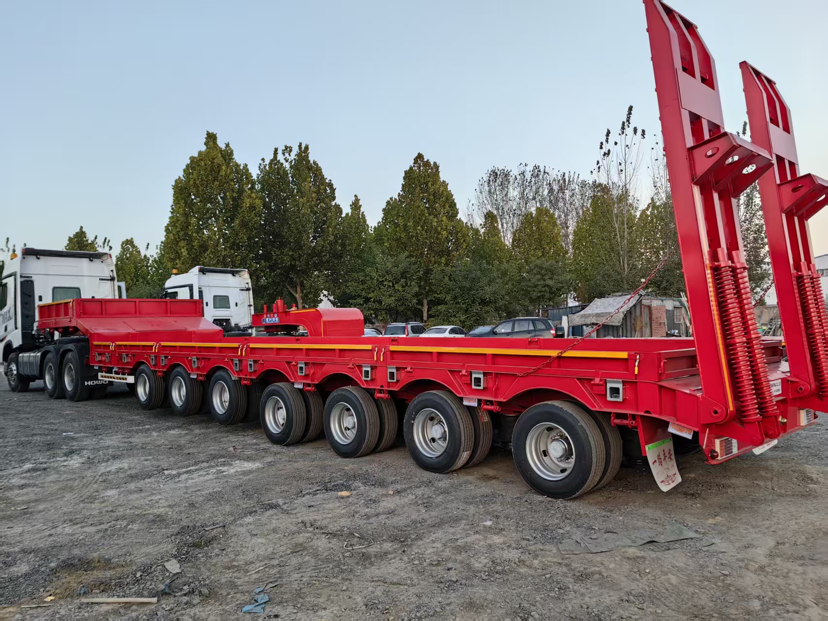 7 Axles 17m Lowbed Semi Trailer for Uzbekistan Export Extendable to 22m Hydraulic Ladder 6 Axles 16.5m Lifting Axle Heavy Transport Trailer
