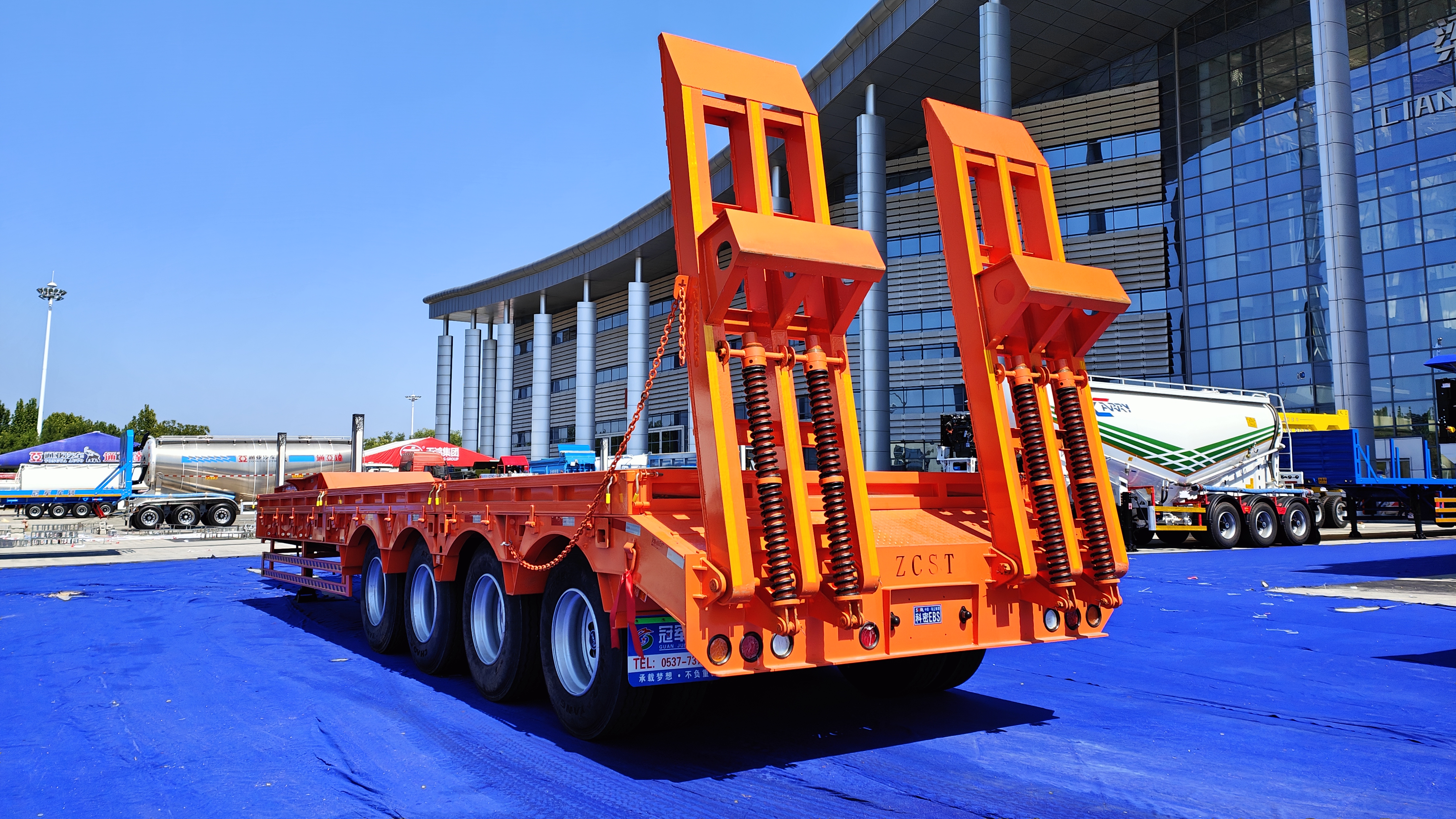 Used 3 Axle Low Flatbed Semi Trailer, Machinery Transport Flat Trailer With Spring Ramp For Africa & Southeast Asia Export