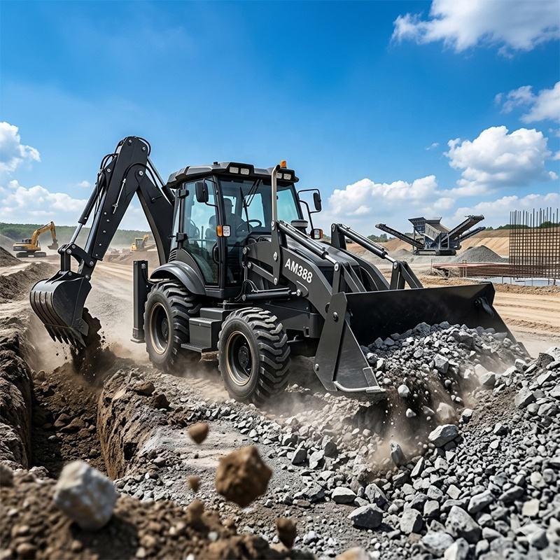 Backhoe loader with front shovel and rear excavator for construction work