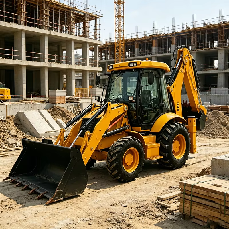Backhoe loader with hydraulic control and large capacity bucket