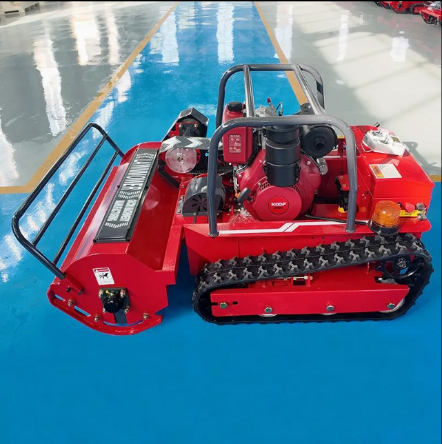 English SEO Title：All-Terrain Rubber Track Diesel Remote Lawn Mower Electric Start Garden PV Slope Weed Trimming Equipment In Stock