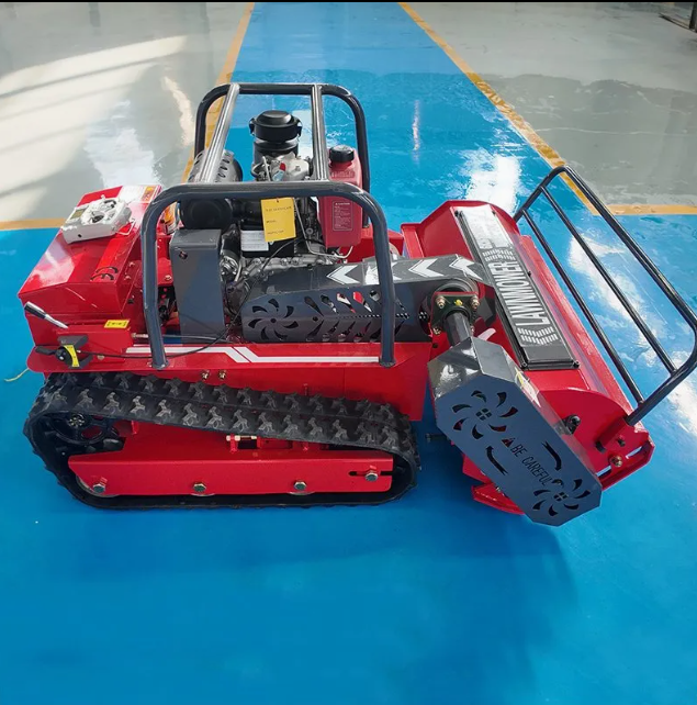 English SEO Title：All-Terrain Rubber Track Diesel Remote Lawn Mower Electric Start Garden PV Slope Weed Trimming Equipment In Stock