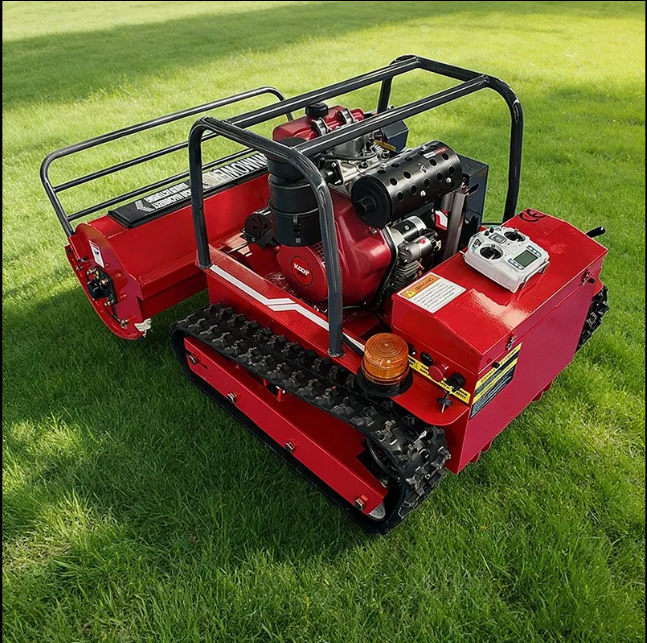English SEO Title：All-Terrain Rubber Track Diesel Remote Lawn Mower Electric Start Garden PV Slope Weed Trimming Equipment In Stock
