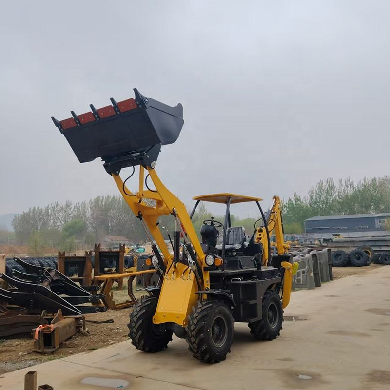 Compact diesel backhoe loader working on narrow rural road construction site