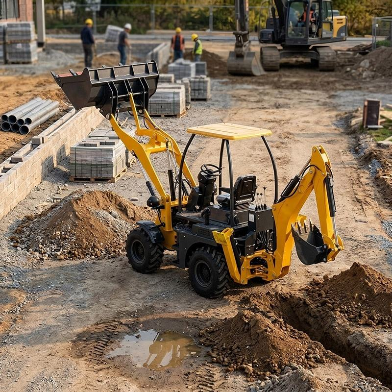 Small 4WD backhoe loader for garden landscaping and farmland maintenance
