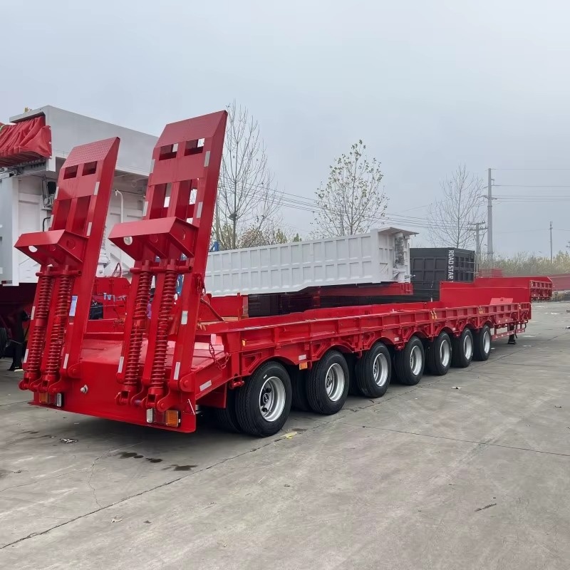 Multi-Axle Gooseneck Lowboy Semi-Trailer, load capacity 50/80/100/120 tons, ultra-low deck design for heavy machinery haulage, equipped with hydraulic foldable ramps