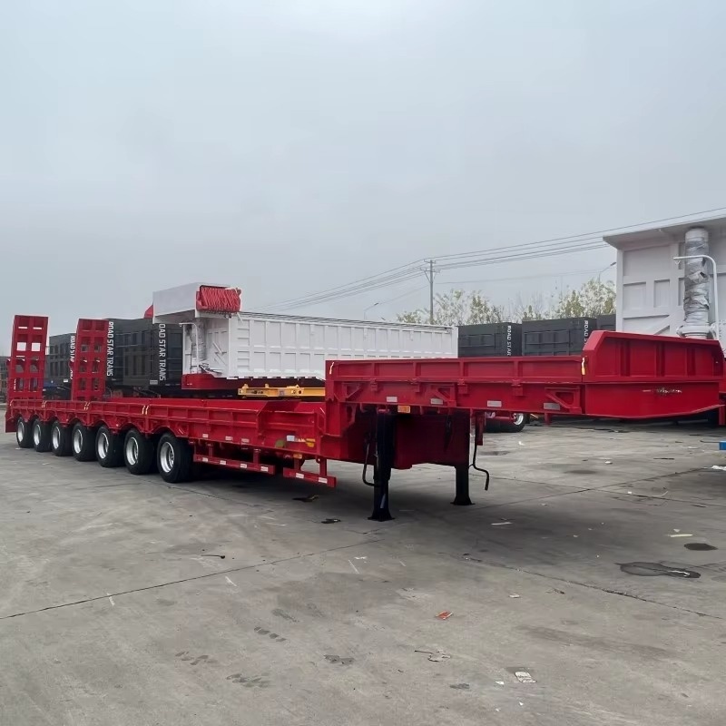 Multi-Axle Gooseneck Lowboy Semi-Trailer, load capacity 50/80/100/120 tons, ultra-low deck design for heavy machinery haulage, equipped with hydraulic foldable ramps