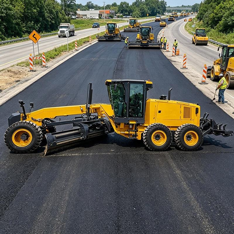 Motor grader working on road construction and earthmoving site