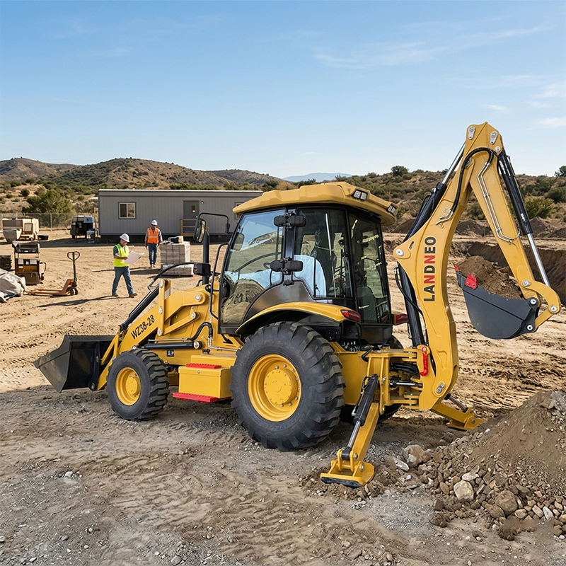 WZ38 backhoe loader working on rough terrain construction site