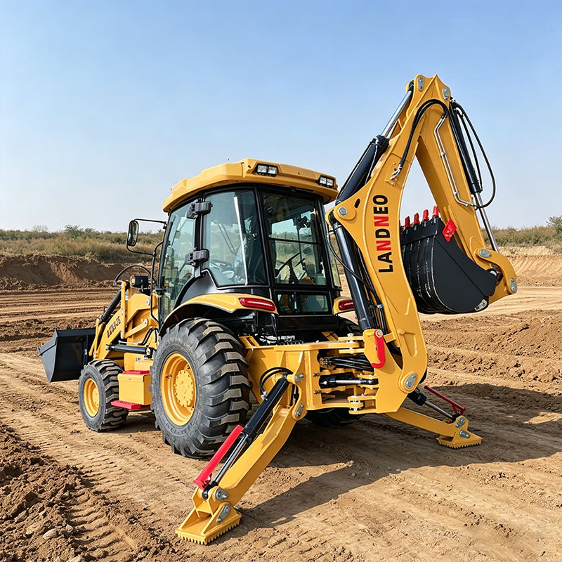 Diesel backhoe loader with frame outriggers for stable digging