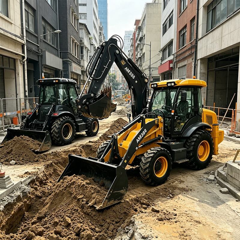 Durable backhoe loader with front 14-17.5 and rear 19.5L-24 vacuum tires for rough terrain gravel roads and construction sites