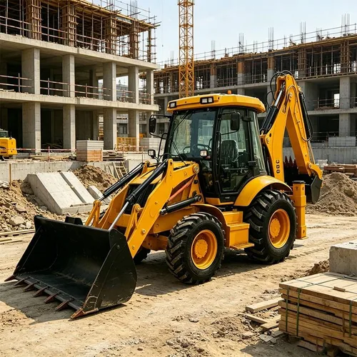 Heavy duty 4WD backhoe loader with 1.35 cubic meter front loader bucket and 0.3 cubic meter rear excavator bucket