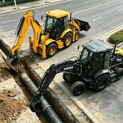 Cummins Euro 5 powered backhoe loader with hydrodynamic transmission 22MPa hydraulic system and hydraulic outriggers