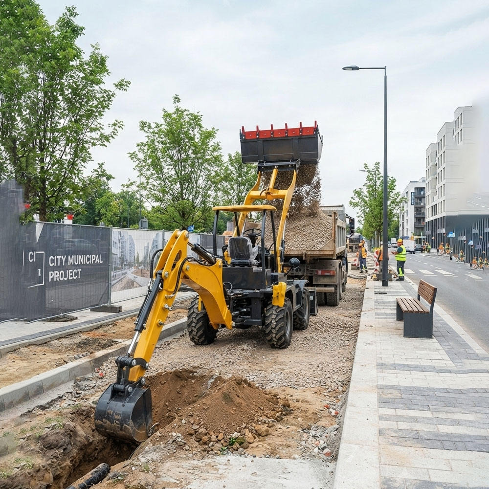 Mini backhoe loader excavating soil on a residential construction site