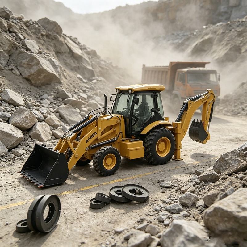 AM388 backhoe loader digging trenches with 0.3m³ backhoe bucket
