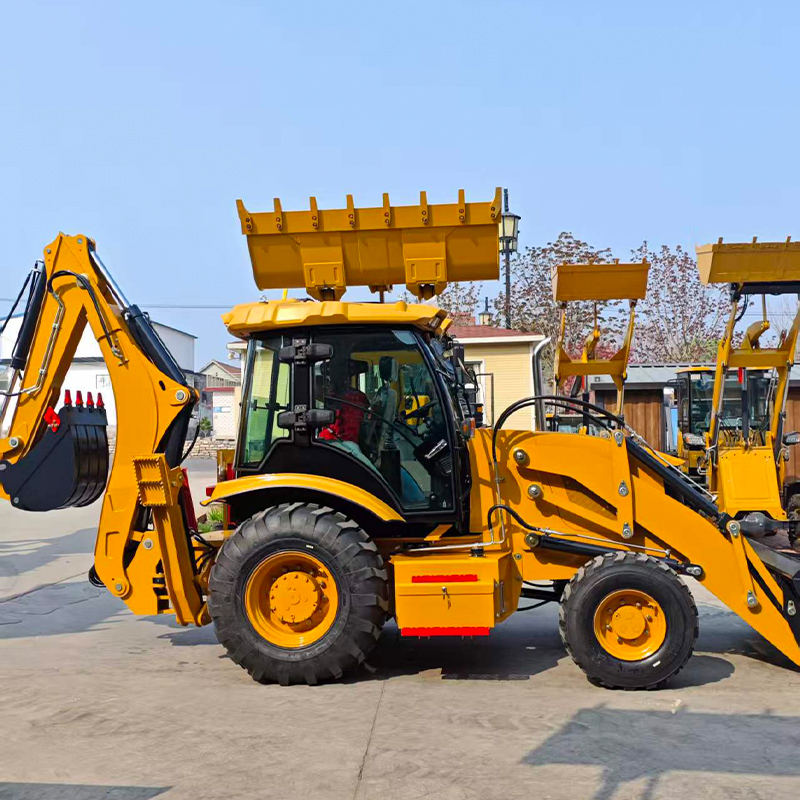 AM388 construction backhoe loader with hydraulic outriggers deployed