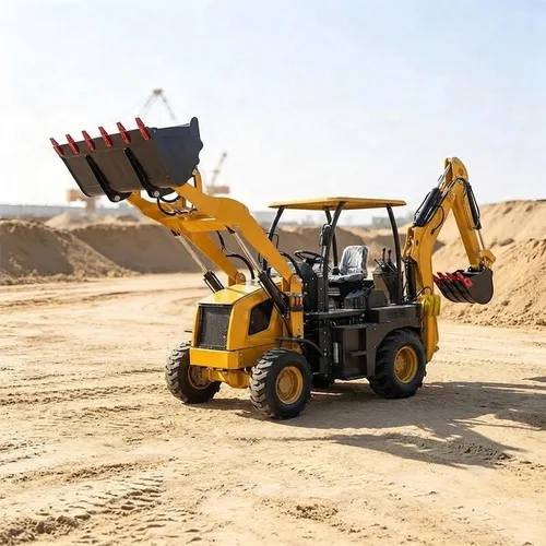 Four-wheel-drive mini backhoe loader handling earthmoving materials