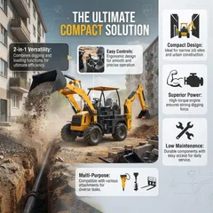 Compact loader excavator digging a utility trench in a restricted area