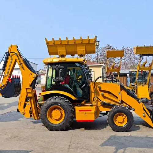 AM388 construction backhoe loader with hydraulic outriggers deployed