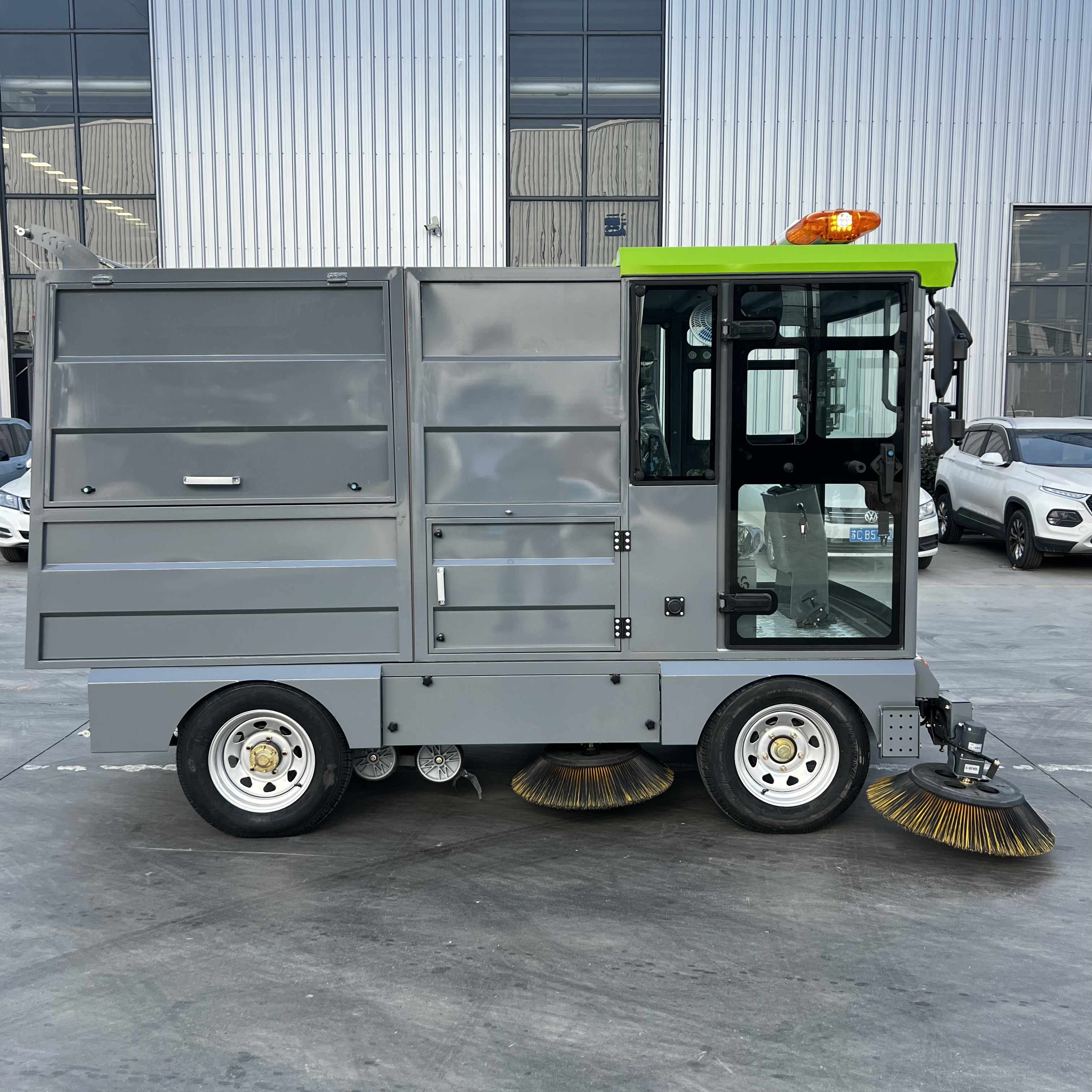 Closed‑Cabin Four‑Wheel Electric Road Sweeper with Snow Removal Attachment
