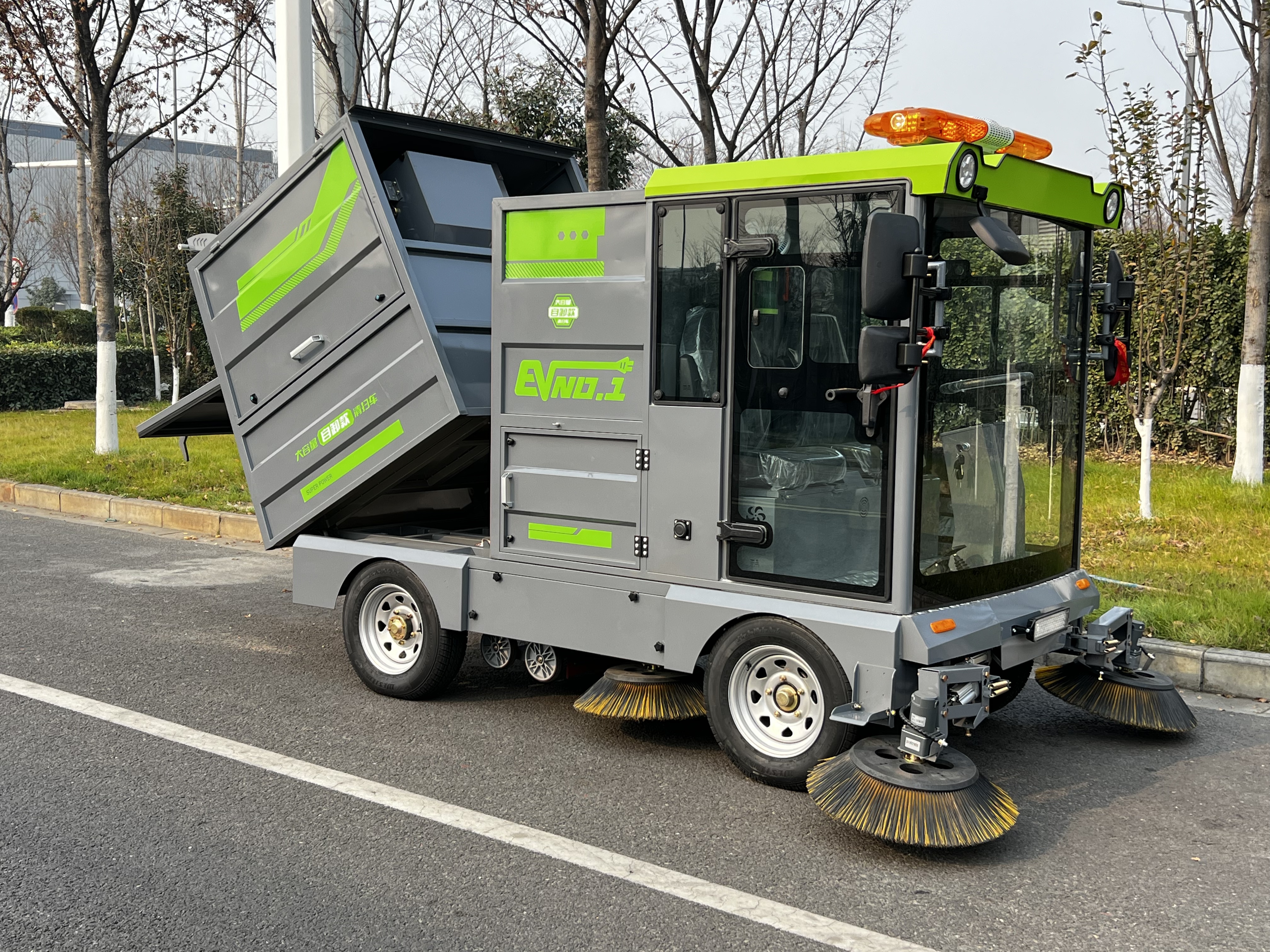 Closed‑Cabin Four‑Wheel Electric Road Sweeper with Snow Removal Attachment