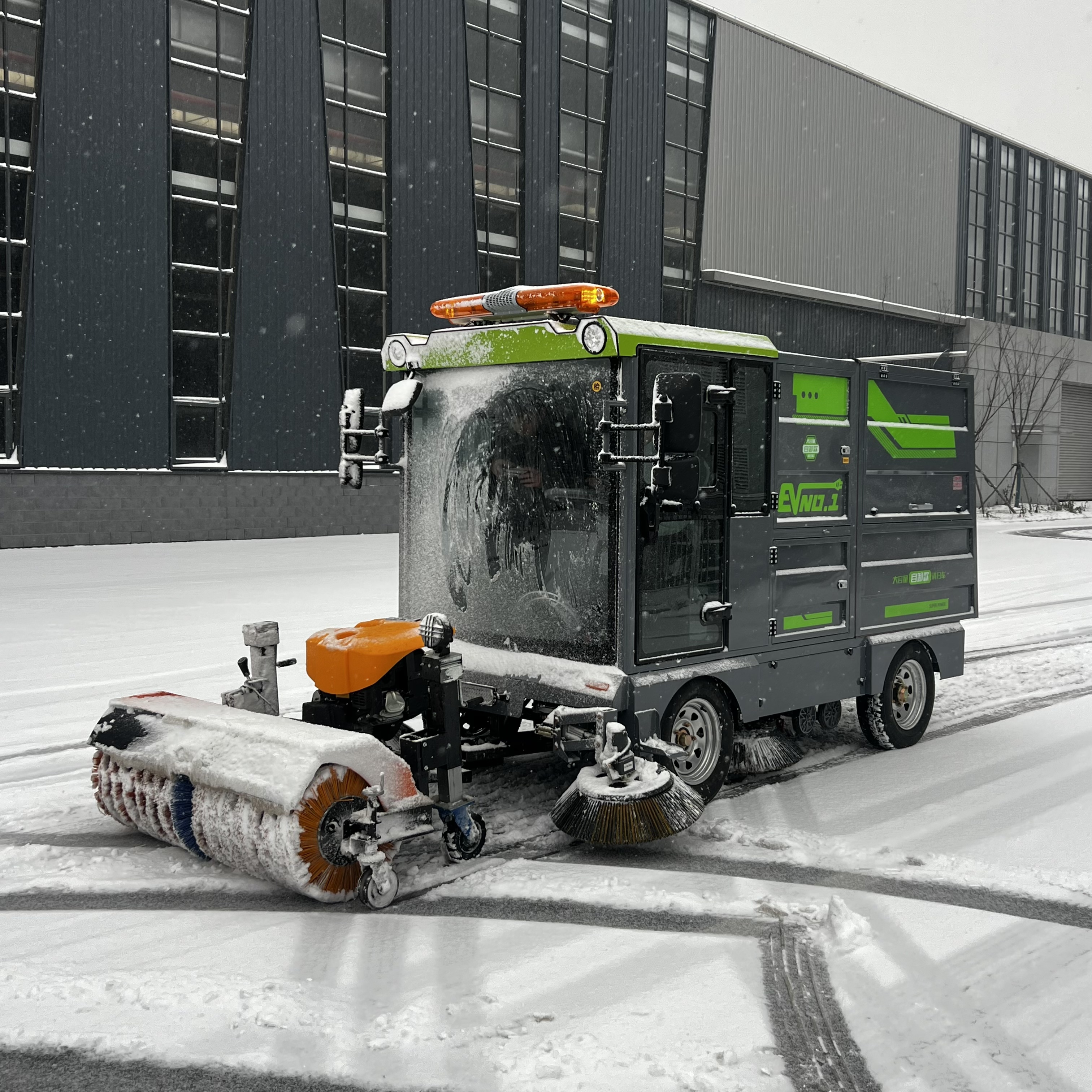 Closed‑Cabin Four‑Wheel Electric Road Sweeper with Snow Removal Attachment