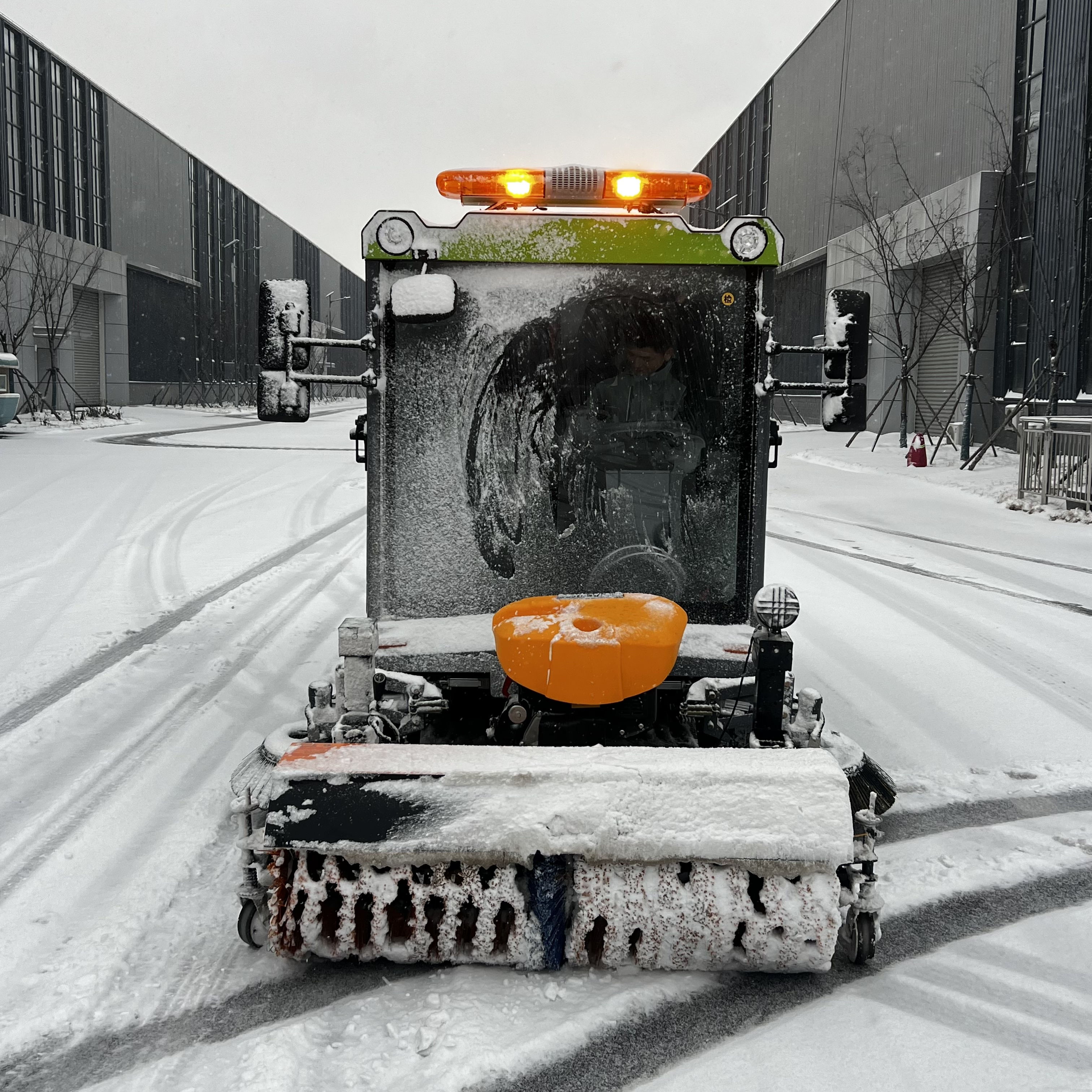 Closed‑Cabin Four‑Wheel Electric Road Sweeper with Snow Removal Attachment