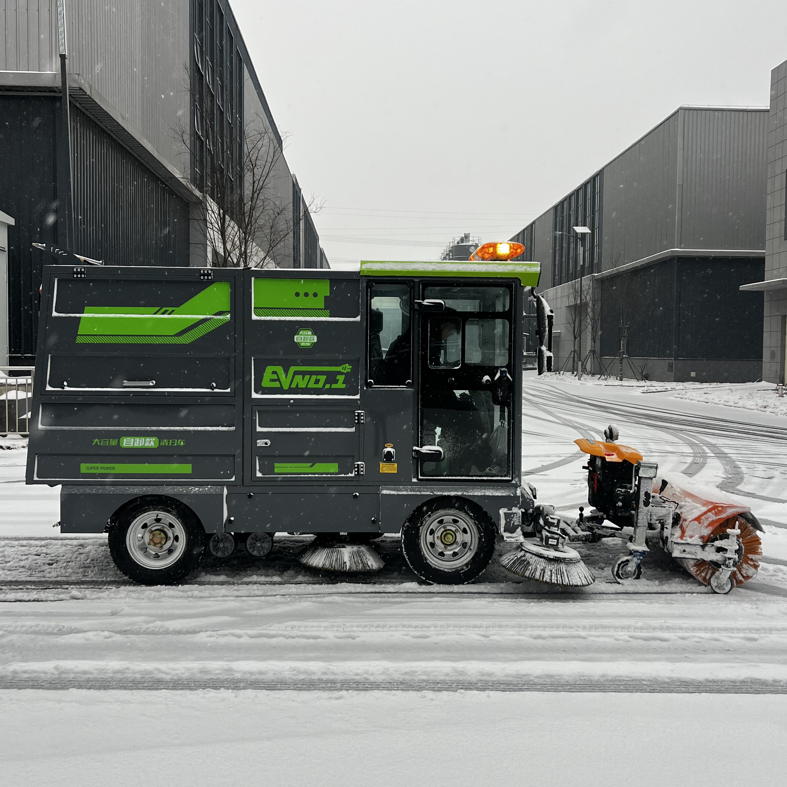 Closed‑Cabin Four‑Wheel Electric Road Sweeper with Snow Removal Attachment