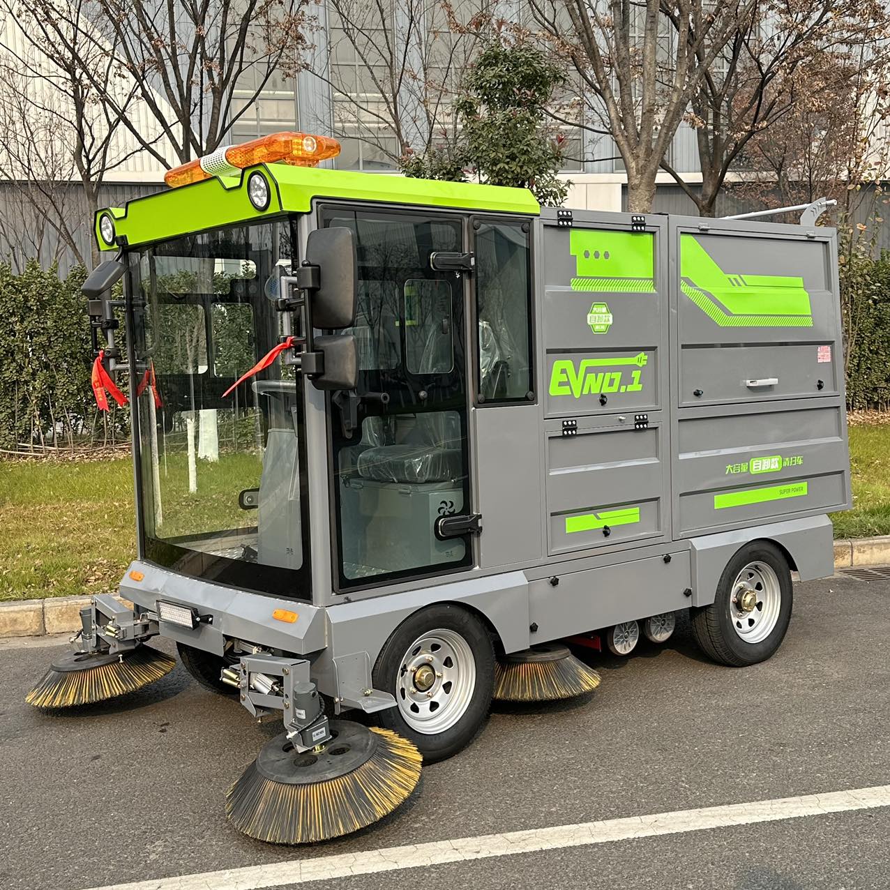 Closed‑Cabin Four‑Wheel Electric Road Sweeper with Snow Removal Attachment
