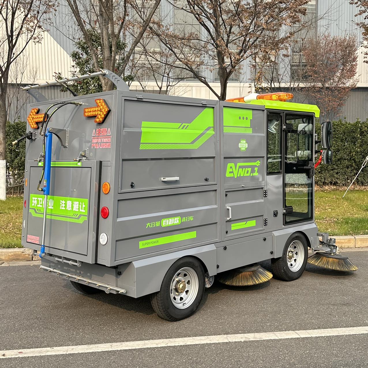 Closed‑Cabin Four‑Wheel Electric Road Sweeper with Snow Removal Attachment