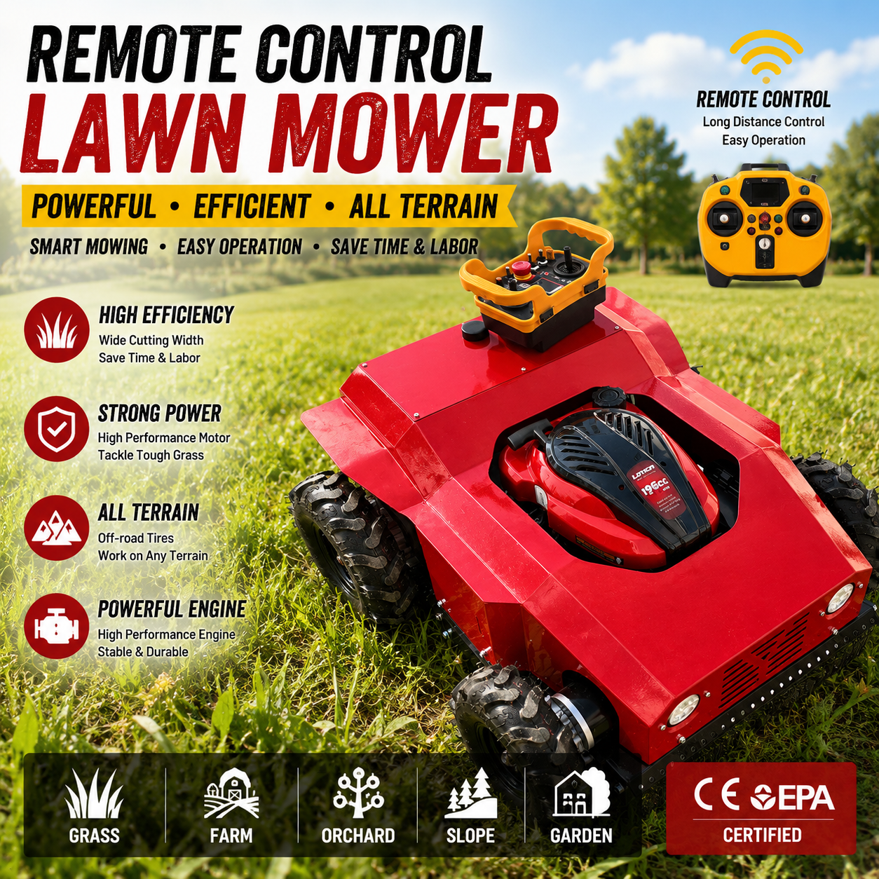 Wheeled Remote Control Lawn Mower Robot Gasoline Grass Cutter High Efficiency Mowing Machine for Farm Garden Orchard