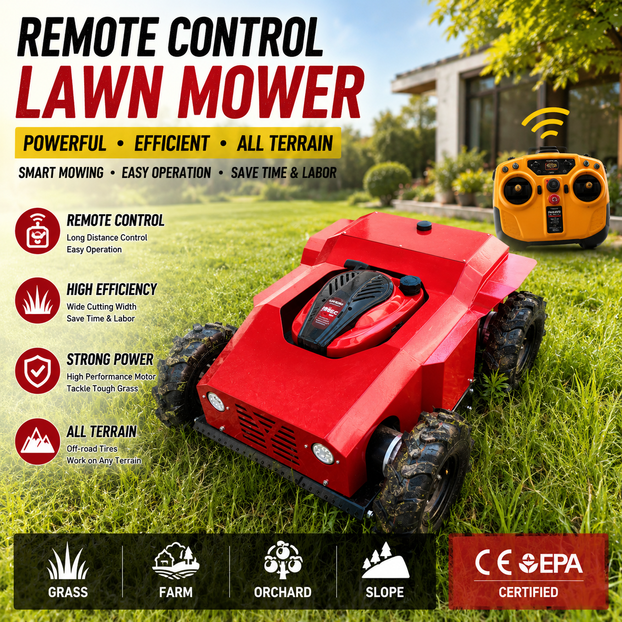 Factory Direct Remote Control Lawn Mower Wheeled Robot Grass Cutter Gasoline Engine for Farm Garden and Orchard
