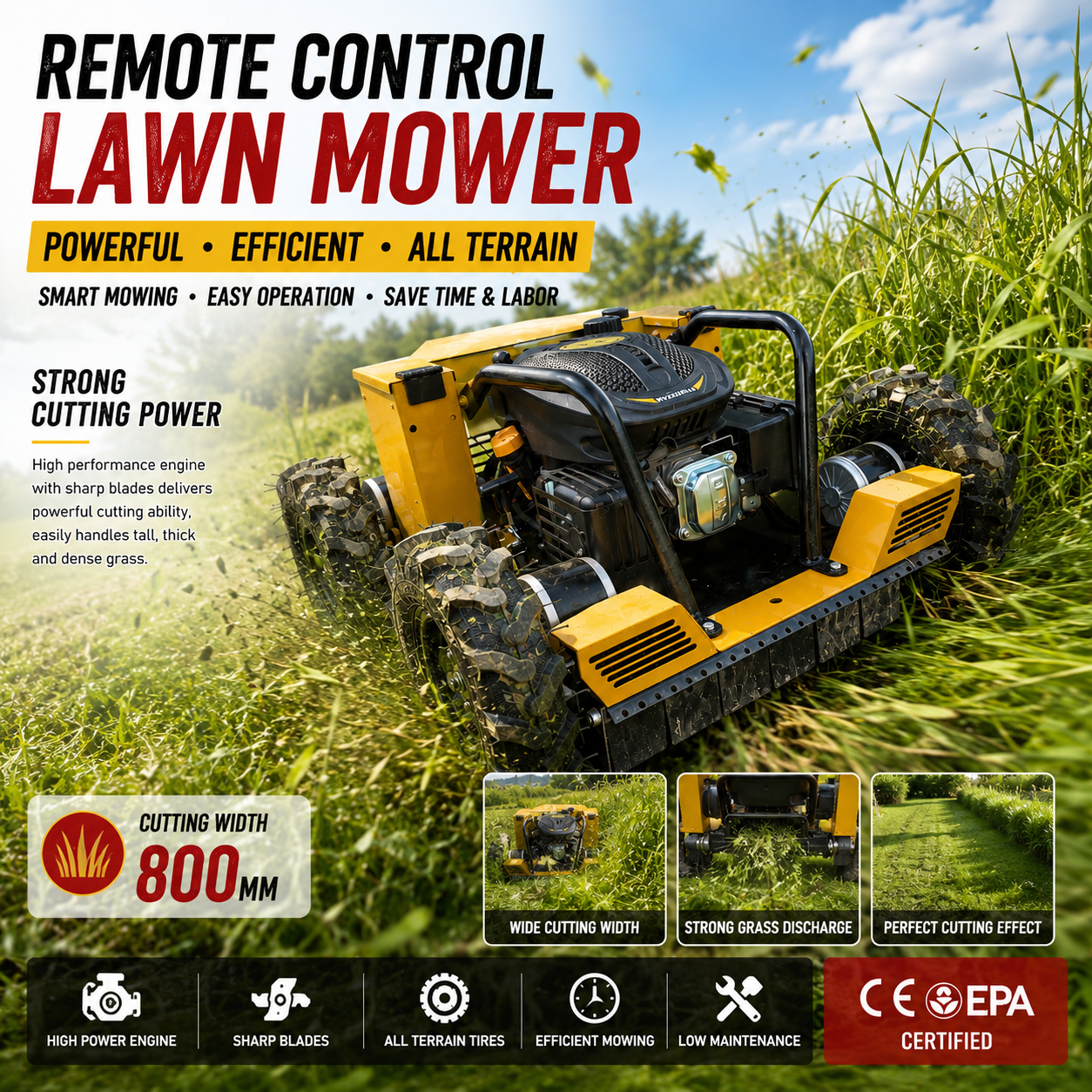 Heavy Duty Wheeled Lawn Mower Remote Control Robot Grass Cutter High Efficiency Gasoline Mowing Machine for Farm Orchard