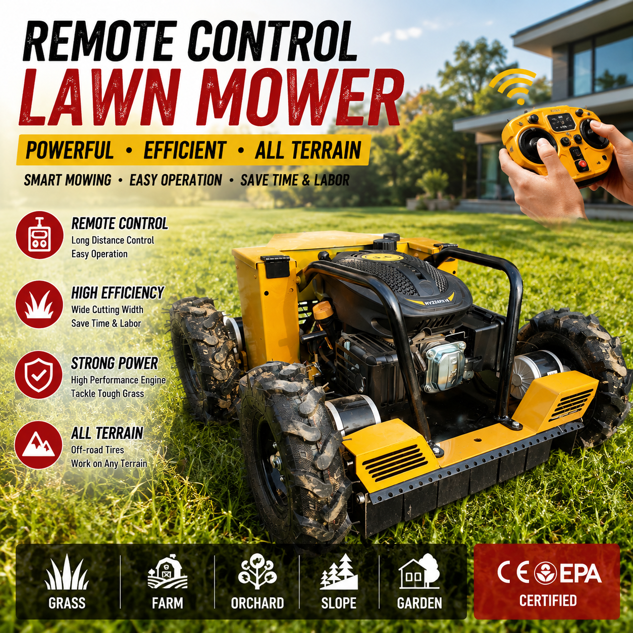 Powerful Gasoline Engine Wheeled Robot Lawn Mower Remote Control Grass Cutter for Agricultural Farm Garden Use