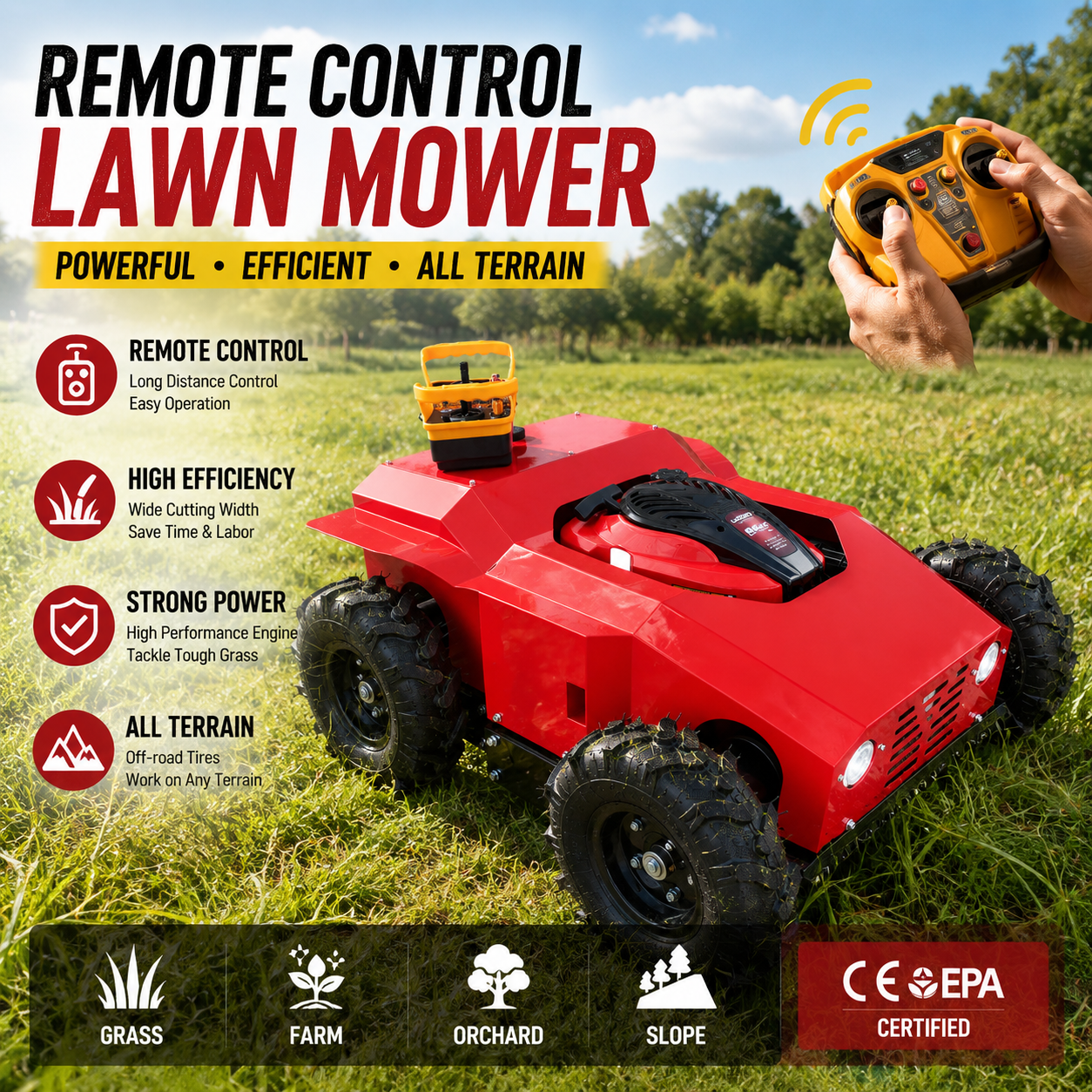 High Efficiency Wheeled Grass Cutter Remote Control Lawn Mower Robot Gasoline Mowing Machine for Farm Garden Orchard