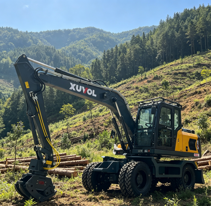 Excavadora sobre ruedas XUVOL XV130 para aprovechamiento forestal, sistema de frenado neumohidráulico, excavadora sobre ruedas con capacidad de ascenso de 35°